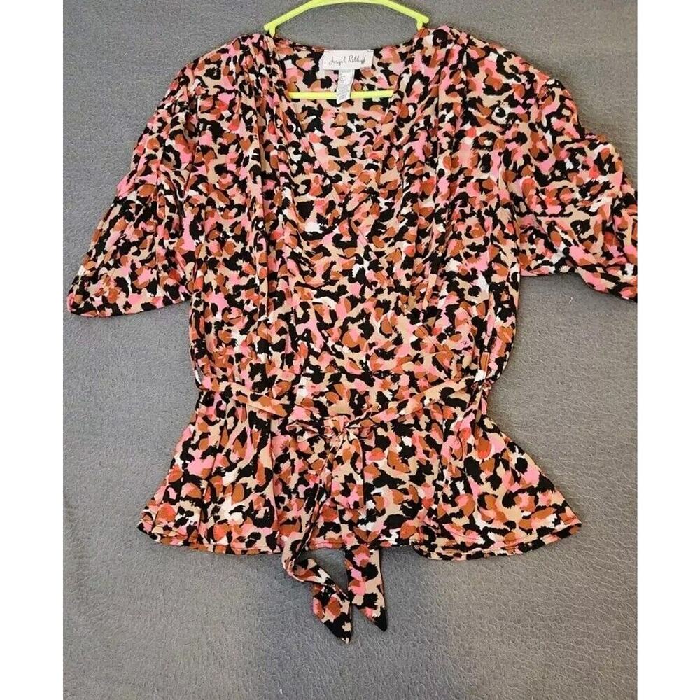 Joseph Ribkoff Womens Sz 6 Animal Print Faux Wrap Blouse Multicolor Peplum‎ Belt